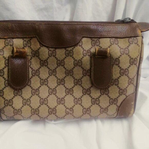 Gucci Vintage GG Logo Boston / Doctor Brown Tan Leather Handbag - FLAW - Picture 3 of 16